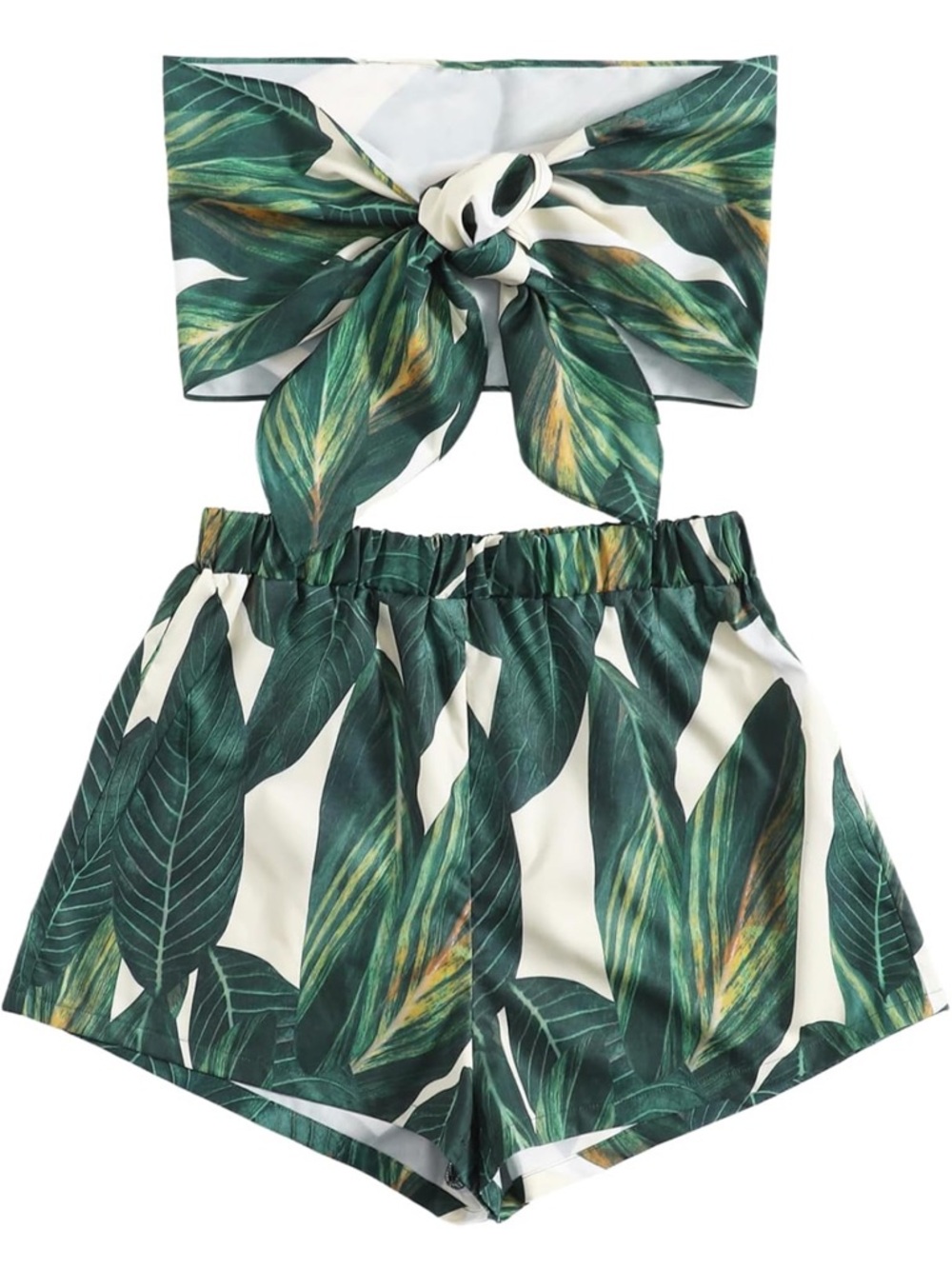 Tropical Leaf Print Two-Piece Set - Green & White- XS